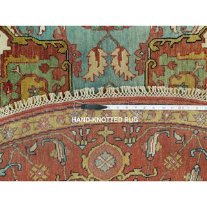 8'x8' Bolero Red, Hand Knotted Natural Dyes, Densely Woven, Antiqued Velvety Wool, Fine Heriz Re-Creation, Soft Pile, Round Oriental Rug FWR543942