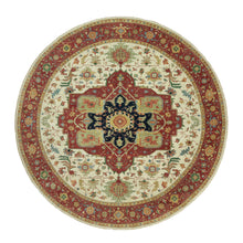 Load image into Gallery viewer, 14&#39;x14&#39; Acadia White and Oxide Red, Antiqued Fine Heriz Re-Creation With Center Motif, Soft Wool Pile Denser Weave, Hand Knotted Plush and Lush, Round Pure Wool Oriental Rug FWR543966