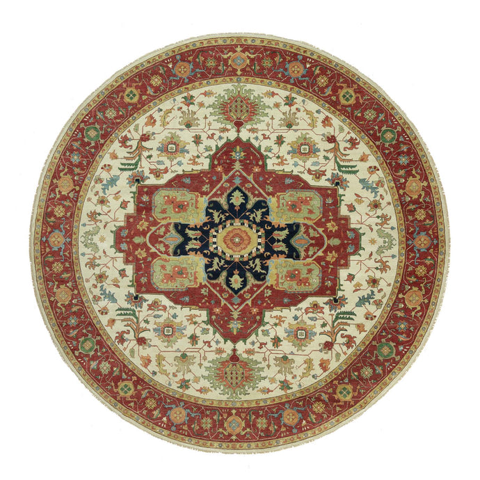 14'x14' Acadia White and Oxide Red, Antiqued Fine Heriz Re-Creation With Center Motif, Soft Wool Pile Denser Weave, Hand Knotted Plush and Lush, Round Pure Wool Oriental Rug FWR543966