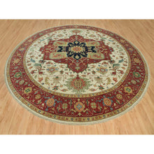 Load image into Gallery viewer, 14&#39;x14&#39; Acadia White and Oxide Red, Antiqued Fine Heriz Re-Creation With Center Motif, Soft Wool Pile Denser Weave, Hand Knotted Plush and Lush, Round Pure Wool Oriental Rug FWR543966