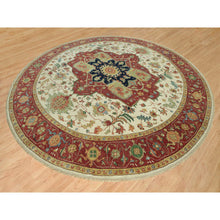 Load image into Gallery viewer, 14&#39;x14&#39; Acadia White and Oxide Red, Antiqued Fine Heriz Re-Creation With Center Motif, Soft Wool Pile Denser Weave, Hand Knotted Plush and Lush, Round Pure Wool Oriental Rug FWR543966