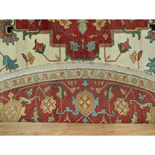 Load image into Gallery viewer, 14&#39;x14&#39; Acadia White and Oxide Red, Antiqued Fine Heriz Re-Creation With Center Motif, Soft Wool Pile Denser Weave, Hand Knotted Plush and Lush, Round Pure Wool Oriental Rug FWR543966