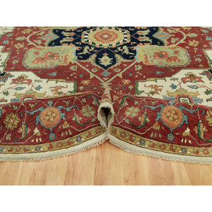 14'x14' Acadia White and Oxide Red, Antiqued Fine Heriz Re-Creation With Center Motif, Soft Wool Pile Denser Weave, Hand Knotted Plush and Lush, Round Pure Wool Oriental Rug FWR543966