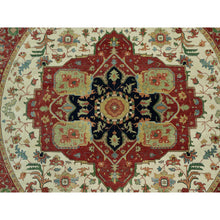 Load image into Gallery viewer, 14&#39;x14&#39; Acadia White and Oxide Red, Antiqued Fine Heriz Re-Creation With Center Motif, Soft Wool Pile Denser Weave, Hand Knotted Plush and Lush, Round Pure Wool Oriental Rug FWR543966