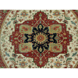 14'x14' Acadia White and Oxide Red, Antiqued Fine Heriz Re-Creation With Center Motif, Soft Wool Pile Denser Weave, Hand Knotted Plush and Lush, Round Pure Wool Oriental Rug FWR543966