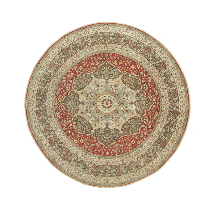 12'x12' Salute Red and Hidden Cottage Brown, Antiqued Tabriz, Hand Knotted Haji Jalili Design, Pure Wool Fine Weave, Natural Dyes, Soft Pile, Oriental Round Rug FWR543972