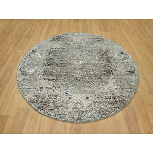 6'x6' Downpipe Gray, Hand Knotted Silk with Textured Wool, Transitional Persian Influence Erased Medallion Design, Round Oriental Rug FWR544116