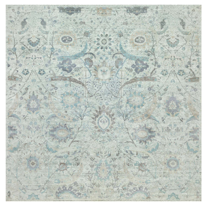 15'x15' Pacer White, Sickle Leaf Design, Silk With Textured Wool, Denser Weave, Hand Knotted, Soft and Lush, Square Oriental Rug FWR544176