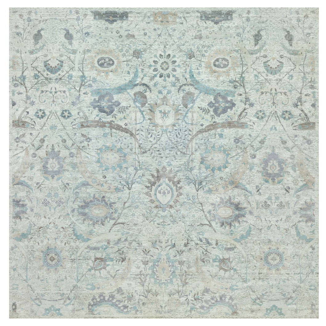 15'x15' Pacer White, Sickle Leaf Design, Silk With Textured Wool, Denser Weave, Hand Knotted, Soft and Lush, Square Oriental Rug FWR544176