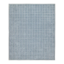 Load image into Gallery viewer, 8&#39;2&quot;x9&#39;10&quot; Stone Blue, Modern Grid Pattern, Hand Loomed, Soft Plush Pile, Pure Wool, Oriental Rug FWR544230