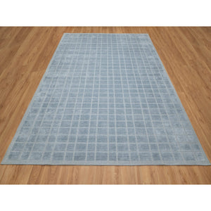 8'2"x9'10" Stone Blue, Modern Grid Pattern, Hand Loomed, Soft Plush Pile, Pure Wool, Oriental Rug FWR544230