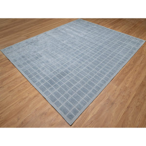 8'2"x9'10" Stone Blue, Modern Grid Pattern, Hand Loomed, Soft Plush Pile, Pure Wool, Oriental Rug FWR544230