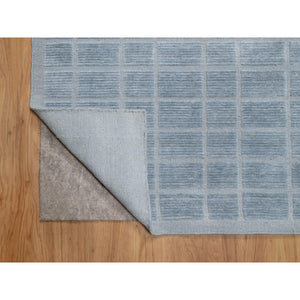 8'2"x9'10" Stone Blue, Modern Grid Pattern, Hand Loomed, Soft Plush Pile, Pure Wool, Oriental Rug FWR544230