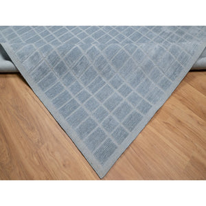 8'2"x9'10" Stone Blue, Modern Grid Pattern, Hand Loomed, Soft Plush Pile, Pure Wool, Oriental Rug FWR544230