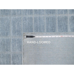 8'2"x9'10" Stone Blue, Modern Grid Pattern, Hand Loomed, Soft Plush Pile, Pure Wool, Oriental Rug FWR544230