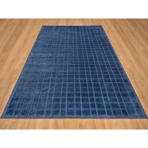 8'2"x10' Navy Blue, Modern Grid Pattern, Hand Loomed, Thick and Plush, Natural Wool, Oriental Rug FWR544236