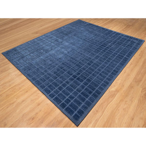 8'2"x10' Navy Blue, Modern Grid Pattern, Hand Loomed, Thick and Plush, Natural Wool, Oriental Rug FWR544236