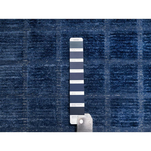 8'2"x10' Navy Blue, Modern Grid Pattern, Hand Loomed, Thick and Plush, Natural Wool, Oriental Rug FWR544236