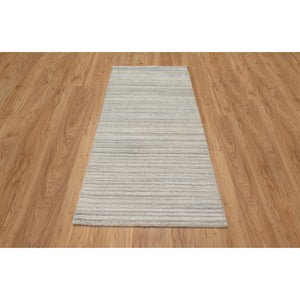 2'7"x6' Beige, Natural Wool, Variegated Textured Modern Design, Hand Loomed, Thick and Plush, Runner, Oriental Rug FWR544338