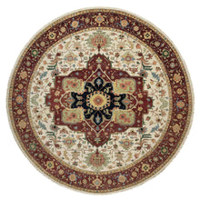 Load image into Gallery viewer, 12&#39;x12&#39; Parchment White and Brick Red Border, Antiqued Fine Heriz Re-Creation with Medallion Design, Thick and Plush, Hand Spun New Zealand Wool, Hand Knotted, Round, Oriental Rug FWR544434