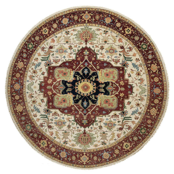 12'x12' Parchment White and Brick Red Border, Antiqued Fine Heriz Re-Creation with Medallion Design, Thick and Plush, Hand Spun New Zealand Wool, Hand Knotted, Round, Oriental Rug FWR544434