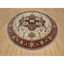 Load image into Gallery viewer, 12&#39;x12&#39; Parchment White and Brick Red Border, Antiqued Fine Heriz Re-Creation with Medallion Design, Thick and Plush, Hand Spun New Zealand Wool, Hand Knotted, Round, Oriental Rug FWR544434