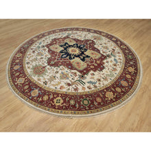 Load image into Gallery viewer, 12&#39;x12&#39; Parchment White and Brick Red Border, Antiqued Fine Heriz Re-Creation with Medallion Design, Thick and Plush, Hand Spun New Zealand Wool, Hand Knotted, Round, Oriental Rug FWR544434