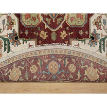 Load image into Gallery viewer, 12&#39;x12&#39; Parchment White and Brick Red Border, Antiqued Fine Heriz Re-Creation with Medallion Design, Thick and Plush, Hand Spun New Zealand Wool, Hand Knotted, Round, Oriental Rug FWR544434