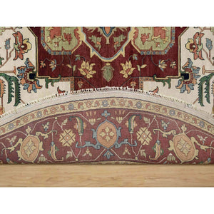 12'x12' Parchment White and Brick Red Border, Antiqued Fine Heriz Re-Creation with Medallion Design, Thick and Plush, Hand Spun New Zealand Wool, Hand Knotted, Round, Oriental Rug FWR544434