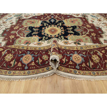 Load image into Gallery viewer, 12&#39;x12&#39; Parchment White and Brick Red Border, Antiqued Fine Heriz Re-Creation with Medallion Design, Thick and Plush, Hand Spun New Zealand Wool, Hand Knotted, Round, Oriental Rug FWR544434