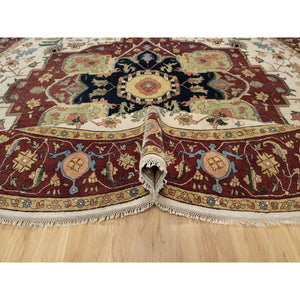 12'x12' Parchment White and Brick Red Border, Antiqued Fine Heriz Re-Creation with Medallion Design, Thick and Plush, Hand Spun New Zealand Wool, Hand Knotted, Round, Oriental Rug FWR544434