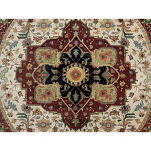 Load image into Gallery viewer, 12&#39;x12&#39; Parchment White and Brick Red Border, Antiqued Fine Heriz Re-Creation with Medallion Design, Thick and Plush, Hand Spun New Zealand Wool, Hand Knotted, Round, Oriental Rug FWR544434