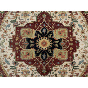 12'x12' Parchment White and Brick Red Border, Antiqued Fine Heriz Re-Creation with Medallion Design, Thick and Plush, Hand Spun New Zealand Wool, Hand Knotted, Round, Oriental Rug FWR544434