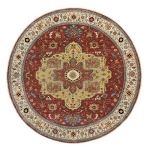 Load image into Gallery viewer, 12&#39;x12&#39; Carmine Red, Antiqued Fine Heriz Re-Creation with Center Medallion Design, Hand Knotted, Hand Spun New Zealand Wool, Densely Woven, Round, Oriental Rug FWR544440