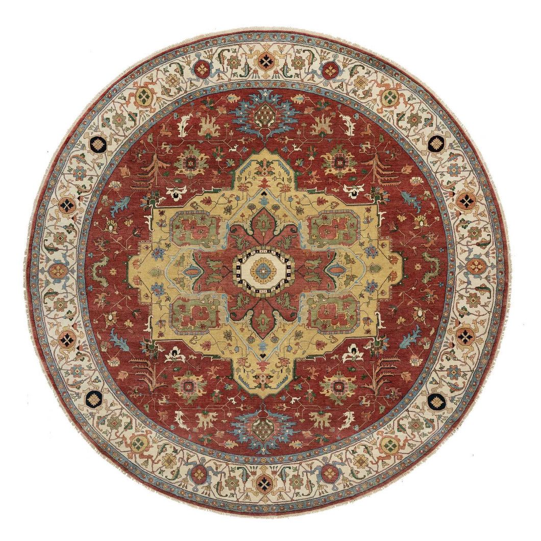 12'x12' Carmine Red, Antiqued Fine Heriz Re-Creation with Center Medallion Design, Hand Knotted, Hand Spun New Zealand Wool, Densely Woven, Round, Oriental Rug FWR544440