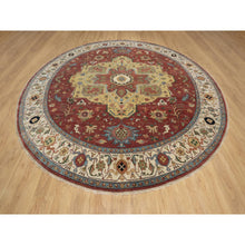 Load image into Gallery viewer, 12&#39;x12&#39; Carmine Red, Antiqued Fine Heriz Re-Creation with Center Medallion Design, Hand Knotted, Hand Spun New Zealand Wool, Densely Woven, Round, Oriental Rug FWR544440