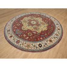 Load image into Gallery viewer, 12&#39;x12&#39; Carmine Red, Antiqued Fine Heriz Re-Creation with Center Medallion Design, Hand Knotted, Hand Spun New Zealand Wool, Densely Woven, Round, Oriental Rug FWR544440