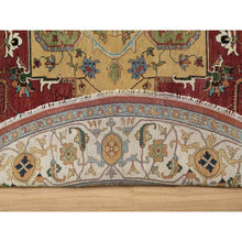 Load image into Gallery viewer, 12&#39;x12&#39; Carmine Red, Antiqued Fine Heriz Re-Creation with Center Medallion Design, Hand Knotted, Hand Spun New Zealand Wool, Densely Woven, Round, Oriental Rug FWR544440