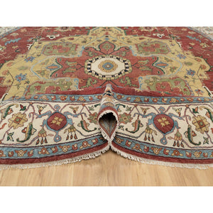 12'x12' Carmine Red, Antiqued Fine Heriz Re-Creation with Center Medallion Design, Hand Knotted, Hand Spun New Zealand Wool, Densely Woven, Round, Oriental Rug FWR544440