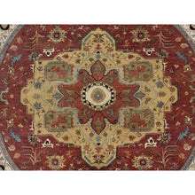 Load image into Gallery viewer, 12&#39;x12&#39; Carmine Red, Antiqued Fine Heriz Re-Creation with Center Medallion Design, Hand Knotted, Hand Spun New Zealand Wool, Densely Woven, Round, Oriental Rug FWR544440