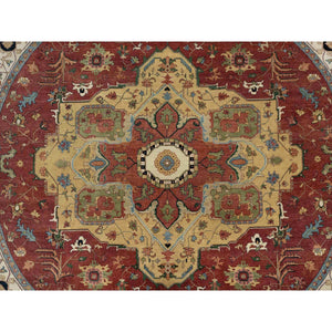 12'x12' Carmine Red, Antiqued Fine Heriz Re-Creation with Center Medallion Design, Hand Knotted, Hand Spun New Zealand Wool, Densely Woven, Round, Oriental Rug FWR544440