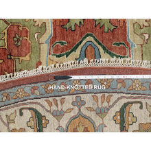 Load image into Gallery viewer, 12&#39;x12&#39; Carmine Red, Antiqued Fine Heriz Re-Creation with Center Medallion Design, Hand Knotted, Hand Spun New Zealand Wool, Densely Woven, Round, Oriental Rug FWR544440