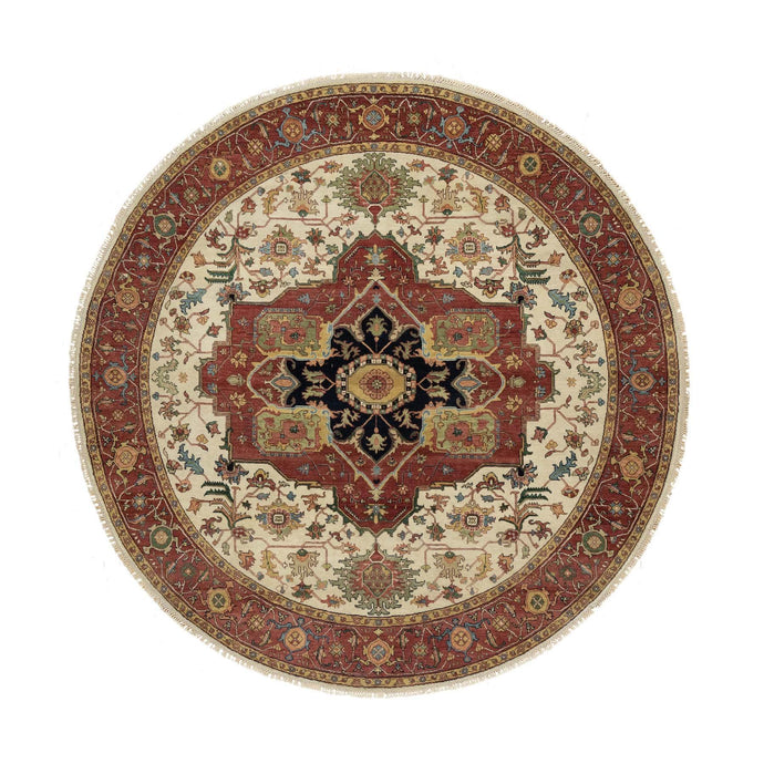 8'x8' Seashell White and Crimson Red, Antiqued Fine Heriz Re-Creation with Center Medallion Design, Hand Knotted, Hand Spun New Zealand Wool, Denser Weave, Round, Oriental Rug FWR544446