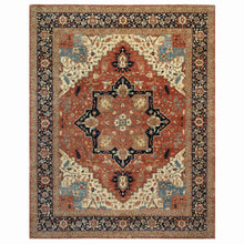 Load image into Gallery viewer, 12&#39;x15&#39;1&quot; Persian Red and Navy Blue Border, Antiqued Fine Heriz Re-Creation with Star Medallion Design, Hand Spun New Zealand Wool, Hand Knotted, Soft and Plush, Oversized, Oriental Rug FWR544452