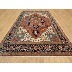 12'x15'1" Persian Red and Navy Blue Border, Antiqued Fine Heriz Re-Creation with Star Medallion Design, Hand Spun New Zealand Wool, Hand Knotted, Soft and Plush, Oversized, Oriental Rug FWR544452