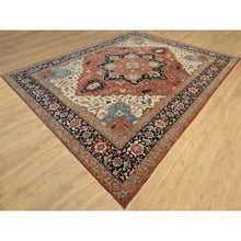 Load image into Gallery viewer, 12&#39;x15&#39;1&quot; Persian Red and Navy Blue Border, Antiqued Fine Heriz Re-Creation with Star Medallion Design, Hand Spun New Zealand Wool, Hand Knotted, Soft and Plush, Oversized, Oriental Rug FWR544452