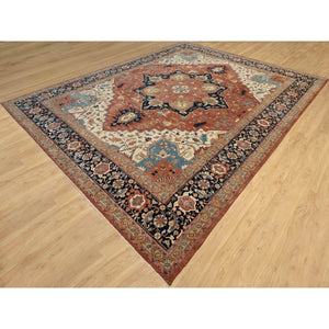 12'x15'1" Persian Red and Navy Blue Border, Antiqued Fine Heriz Re-Creation with Star Medallion Design, Hand Spun New Zealand Wool, Hand Knotted, Soft and Plush, Oversized, Oriental Rug FWR544452