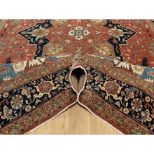 Load image into Gallery viewer, 12&#39;x15&#39;1&quot; Persian Red and Navy Blue Border, Antiqued Fine Heriz Re-Creation with Star Medallion Design, Hand Spun New Zealand Wool, Hand Knotted, Soft and Plush, Oversized, Oriental Rug FWR544452