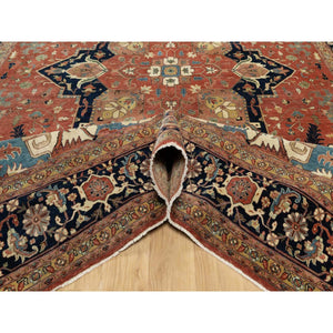 12'x15'1" Persian Red and Navy Blue Border, Antiqued Fine Heriz Re-Creation with Star Medallion Design, Hand Spun New Zealand Wool, Hand Knotted, Soft and Plush, Oversized, Oriental Rug FWR544452