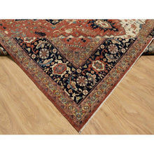 Load image into Gallery viewer, 12&#39;x15&#39;1&quot; Persian Red and Navy Blue Border, Antiqued Fine Heriz Re-Creation with Star Medallion Design, Hand Spun New Zealand Wool, Hand Knotted, Soft and Plush, Oversized, Oriental Rug FWR544452